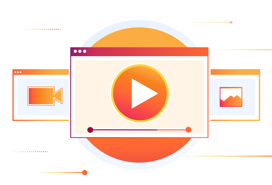 Ilustración de contenido multimedia que muestra vídeo, imágenes y un reproductor multimedia